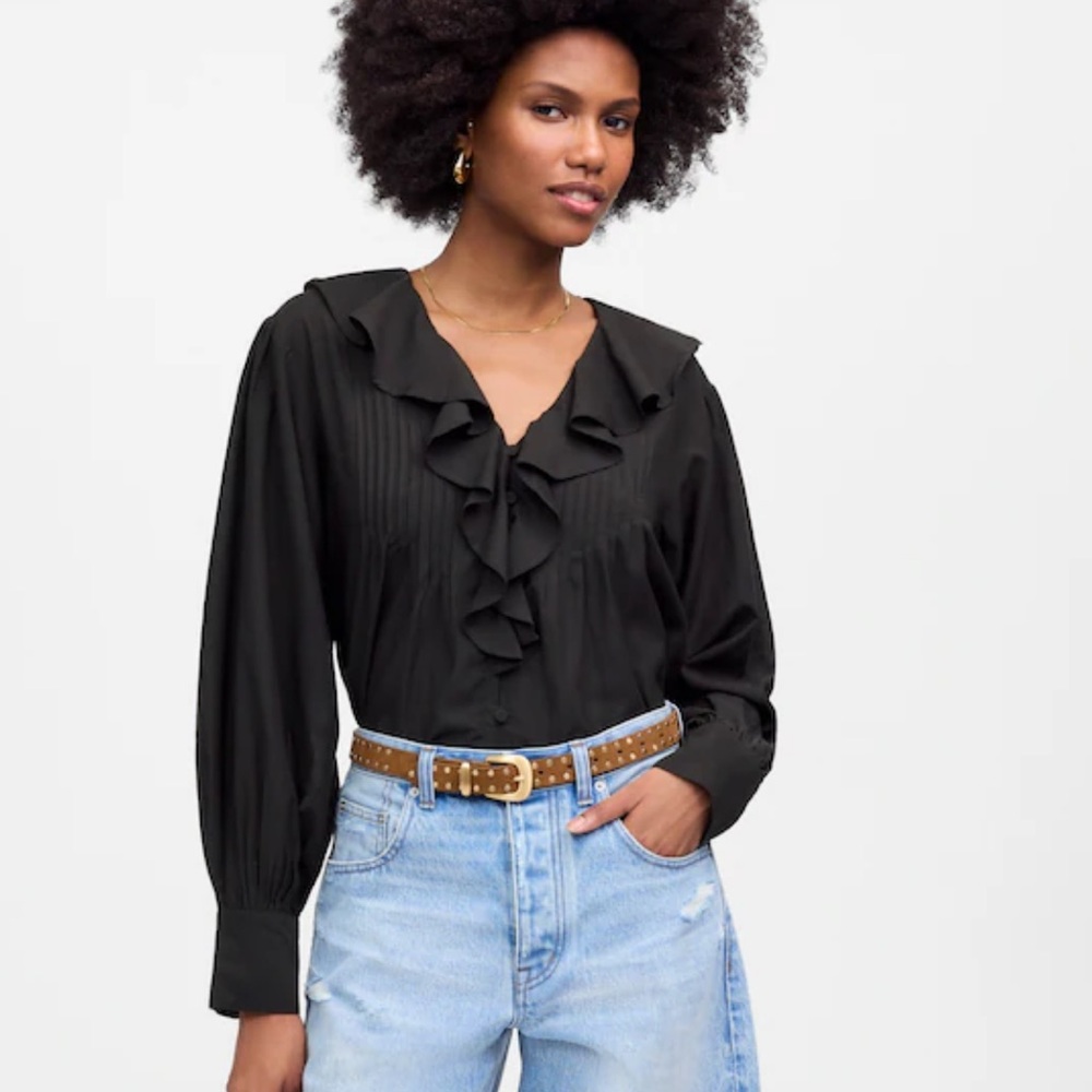 Madewell Black Ruffled Pintucked Long-Sleeve Top Size Large